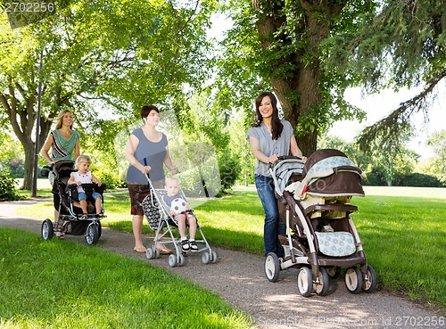 Image of Mothers With Baby Strollers Walking In Park