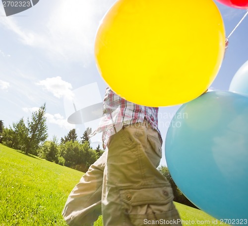 Image of Boy With Balloons Walking In Meadow