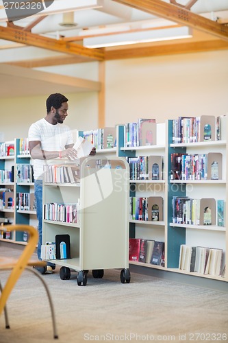 Image of Librarian With Trolley Arranging Books In Library