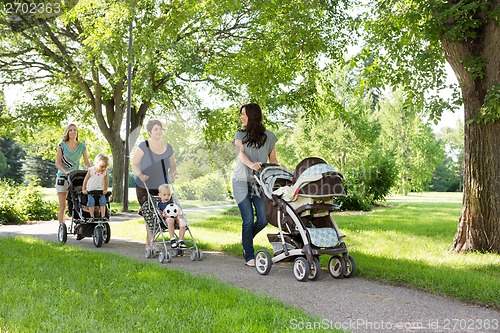 Image of Mothers With Baby Carriages Walking In Park