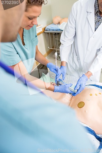 Image of Doctor Adjusting Tube In Dummy Patient's Mouth