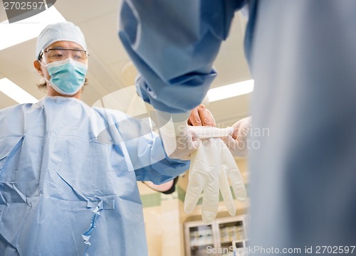 Image of Nurse Assisting Surgeon In Wearing Glove