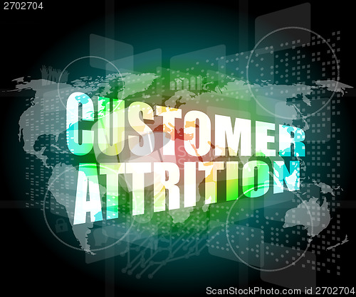 Image of customer attrition words on digital screen with world map