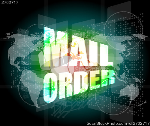 Image of mail order words on digital screen background with world map