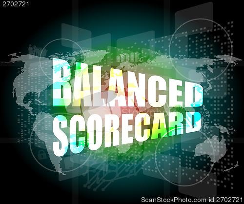 Image of words balanced scorecard on digital screen, business concept