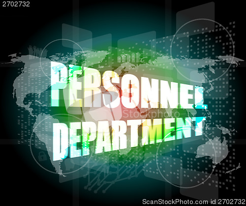 Image of personnel department words on digital screen with world map