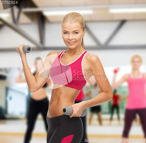 Image of young sporty woman with light dumbbells