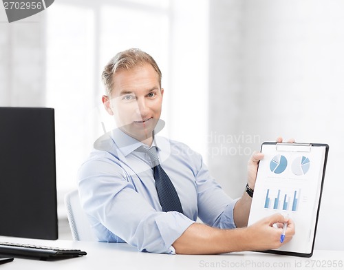 Image of businessman showing graphs and charts