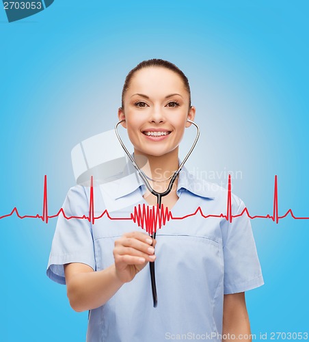 Image of smiling female doctor or nurse with stethoscope