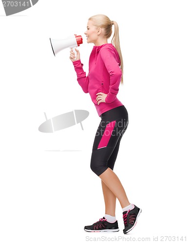 Image of smiling sporty woman with megaphone