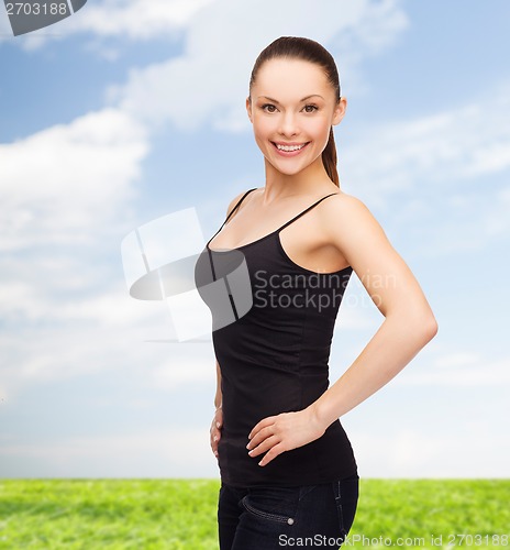 Image of woman in blank black shirt