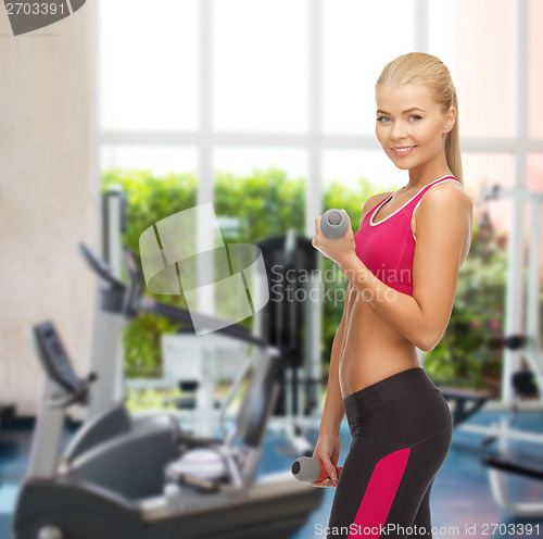 Image of young sporty woman with light dumbbells