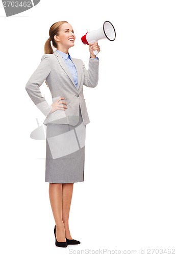 Image of smiling businesswoman with megaphone