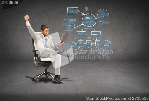 Image of young businessman sitting in chair with laptop