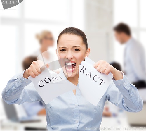 Image of serious businesswoman tearing contract