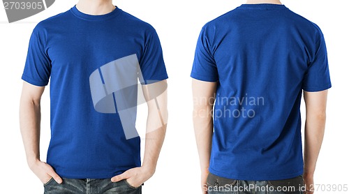 Image of man in blank blue t-shirt, front and back view