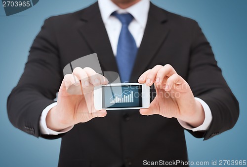 Image of man showing smartphone with graph on screen