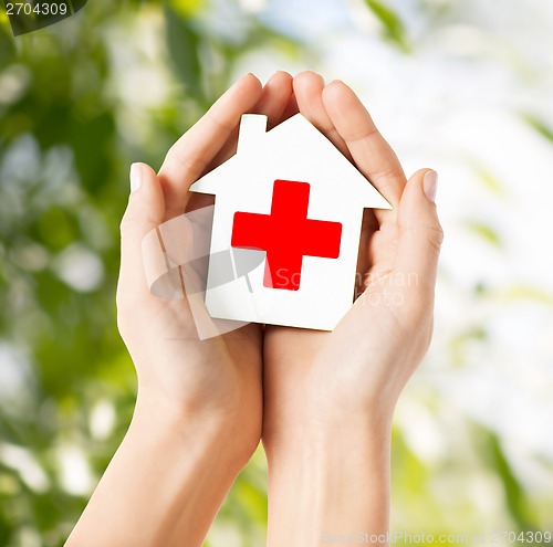 Image of hands holding paper house with red cross