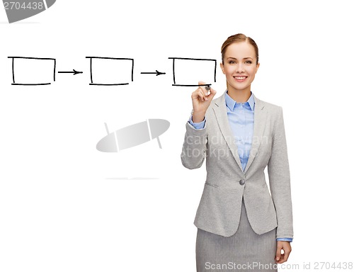 Image of businesswoman drawing squares on virtual screen