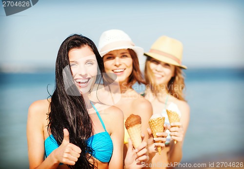 Image of girls in bikini with ice cream on the beach