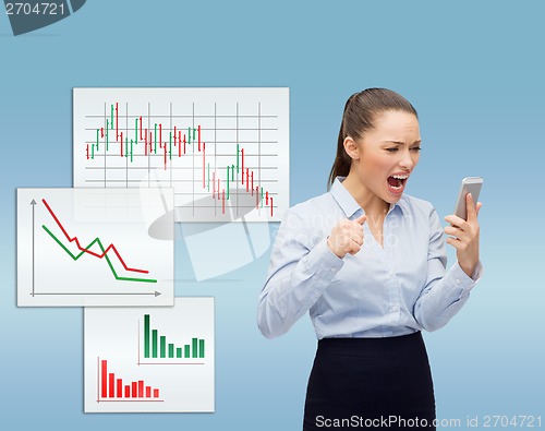 Image of screaming businesswoman with smartphone