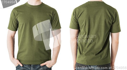 Image of man in blank khaki t-shirt, front and back view