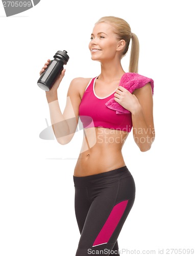 Image of sporty woman drinking water from sportsman bottle