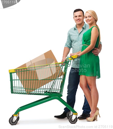 Image of smiling couple with shopping cart and big box