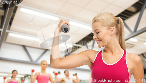 Image of young sporty woman with light dumbbell