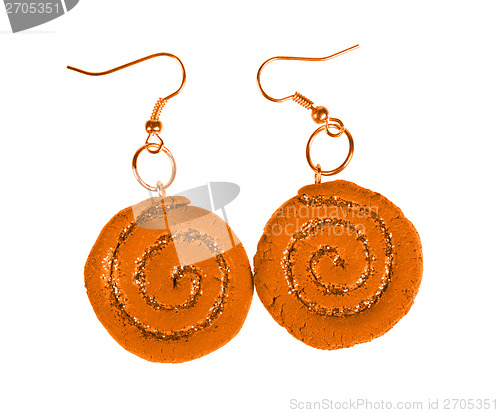 Image of Yellow-brown earrings with sequins. spiral 