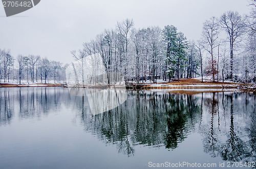 Image of tree line reflections in lake during winter snow storm