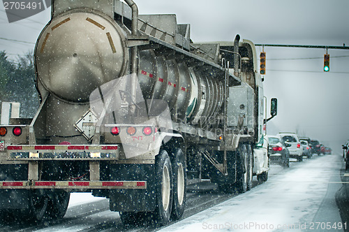 Image of snow covered road and trees after winter storm