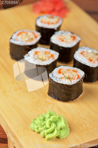 Image of sushi rolls with tobico and pancake