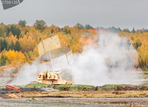 Image of The 152 mm howitzer 2S19M2 Msta-S shooting. Russia