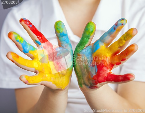 Image of hands painted  in colorful paints