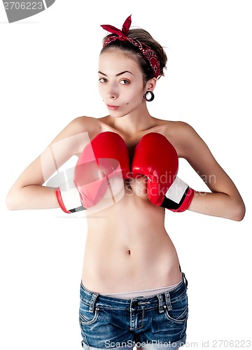 Image of beautiful nude girl with boxing gloves