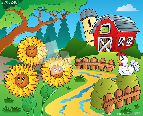 Image of Farm theme with sunflowers