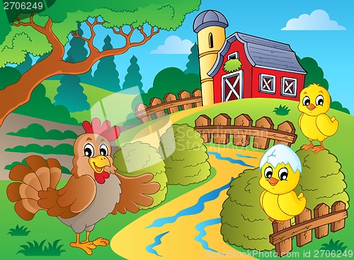 Image of Farm theme with hen and chickens