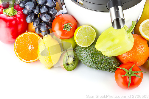 Image of Juicing machine, fresh fruits and vegetables 