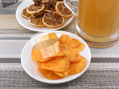 Image of Mug of Fresh Beer and plate with Pile potato chips