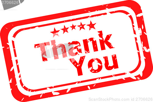 Image of Stylized red stamp showing the term thank you. All on white background