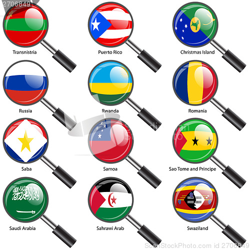 Image of Set  Flags of world sovereign states magnifying glass. Vector il