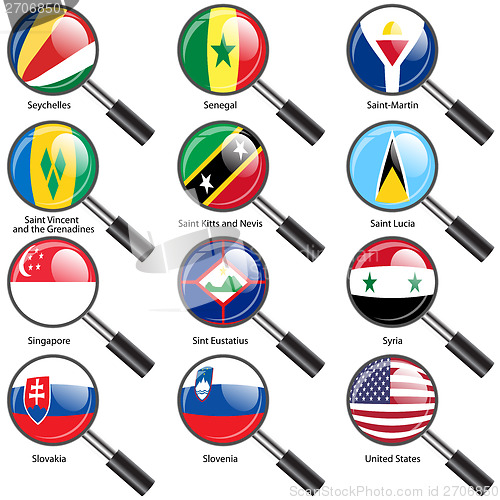 Image of Set  Flags of world sovereign states magnifying glass. Vector il