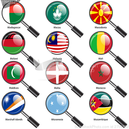 Image of Set  Flags of world sovereign states magnifying glass. Vector il