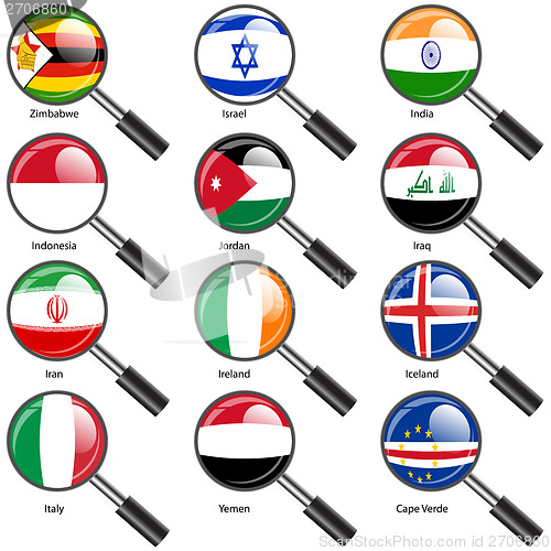 Image of Set  Flags of world sovereign states magnifying glass. Vector il