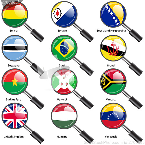 Image of Set  Flags of world sovereign states magnifying glass. Vector il