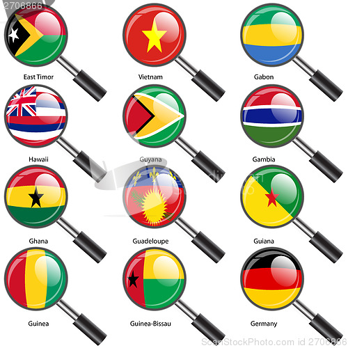 Image of Set  Flags of world sovereign states magnifying glass. Vector il