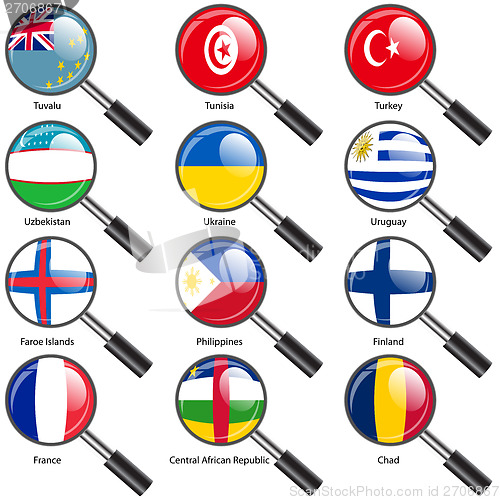 Image of Set  Flags of world sovereign states magnifying glass. Vector il