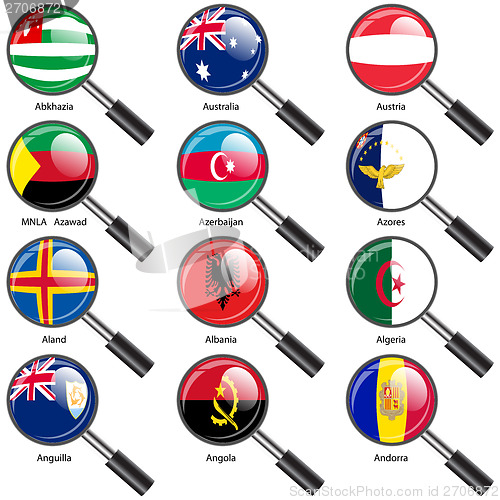 Image of Set  Flags of world sovereign states magnifying glass. Vector il