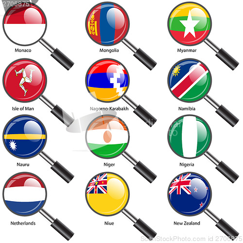 Image of Set  Flags of world sovereign states magnifying glass. Vector il